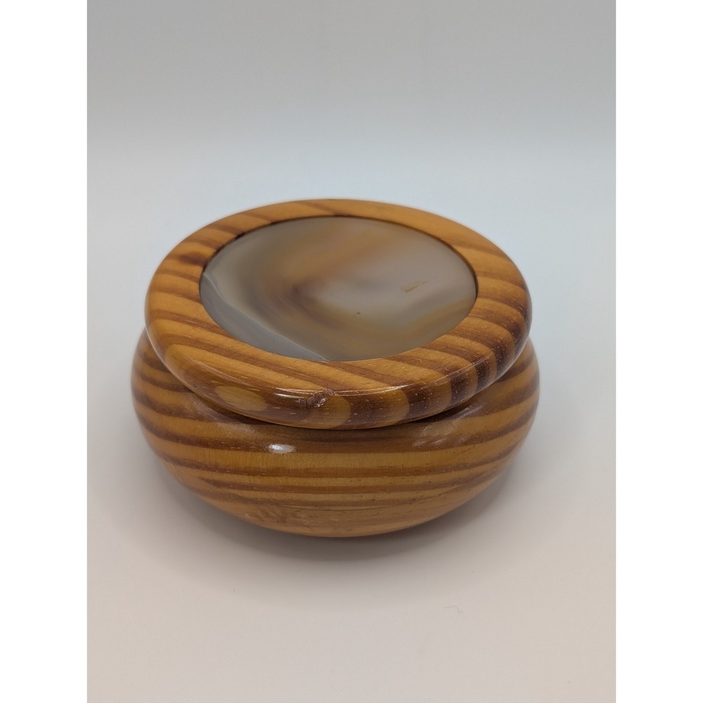 Vintage Made Brazil Wood Lidded Small Trinket Box Stone Inset Jewelry Keepsake